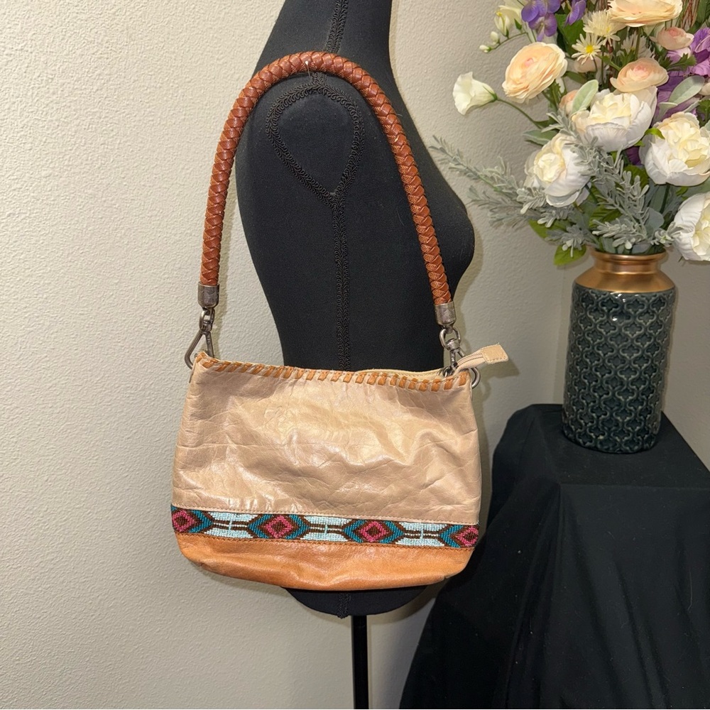 The Sak Tan Leather Shoulder Bag Boho Beaded Accent Braided Strap Medium